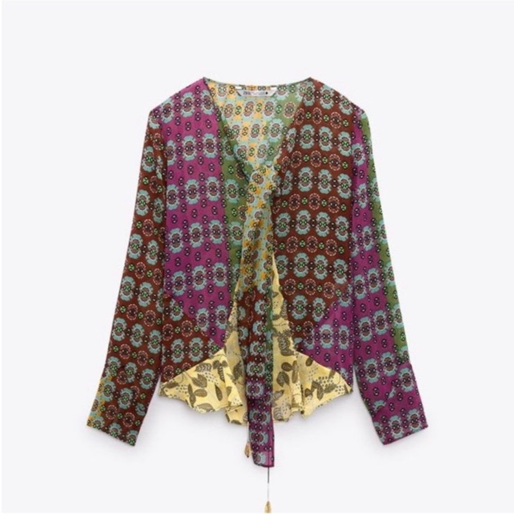 Zara Multicolor Patchwork Tie-Neck Blouse — Green… - image 4